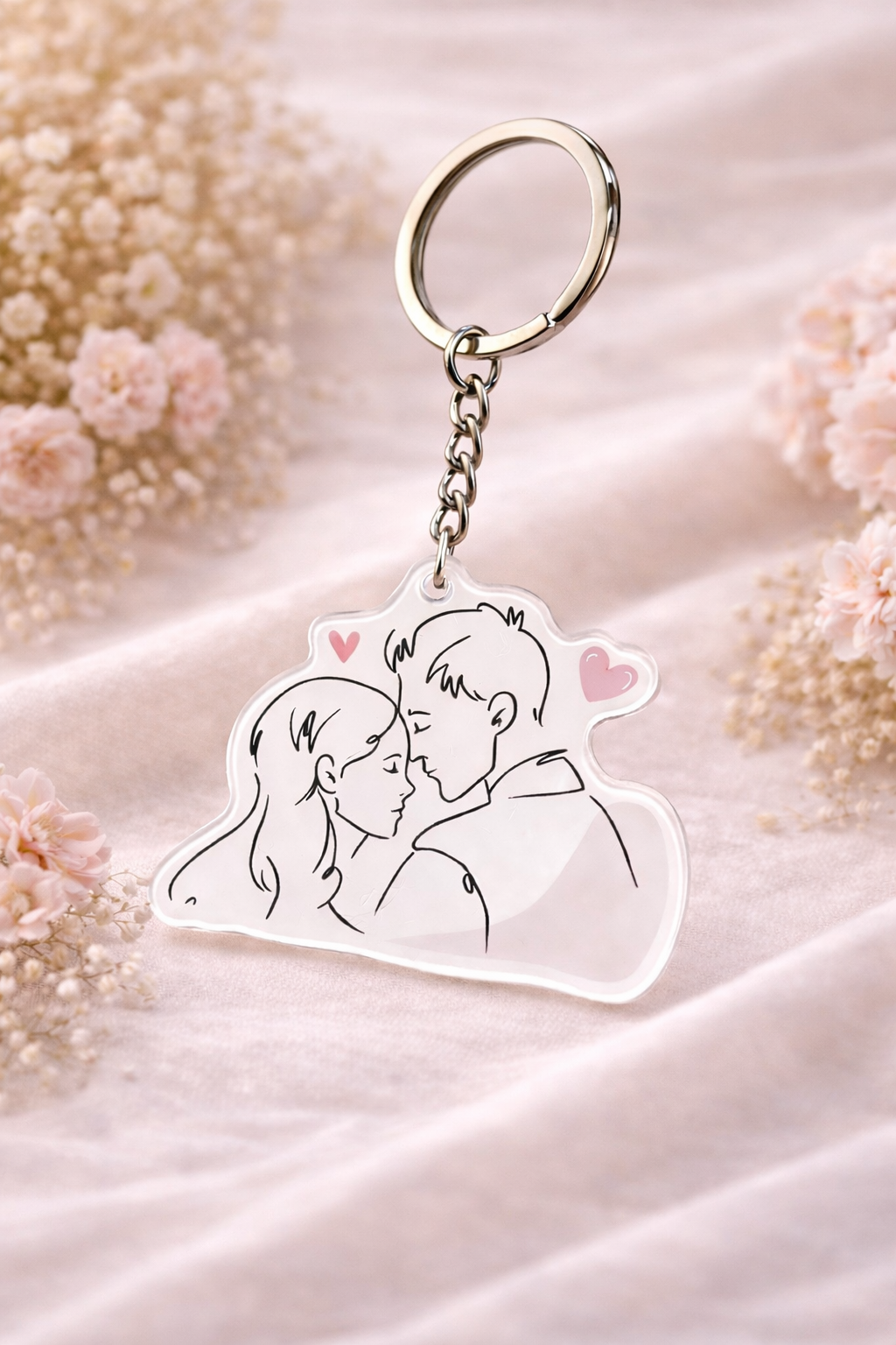 Keychain with a design of two people embracing, surrounded by small pink hearts, on a soft pink background.